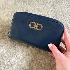 Salvatore Ferragamo Navy Leather Zip Around Wallet with Gold Gancini